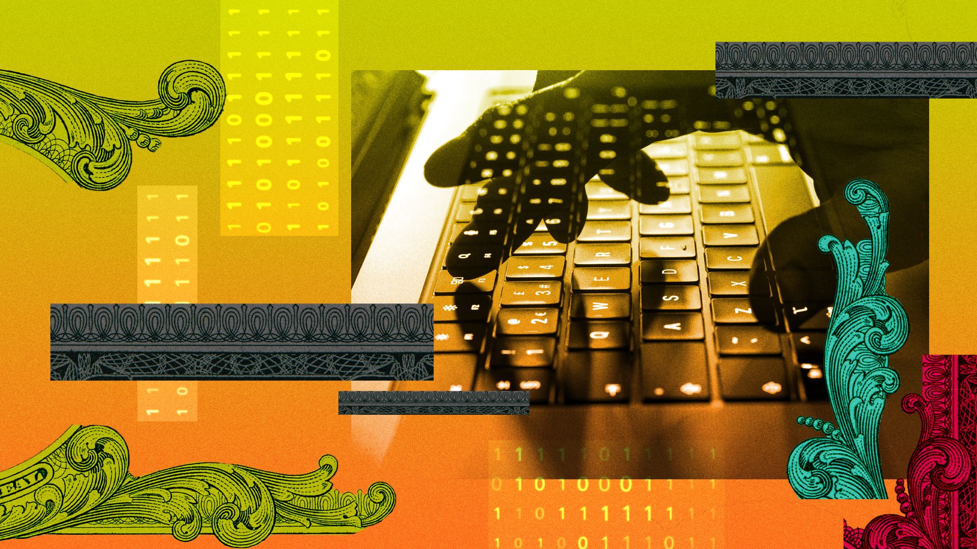 Photo illustration of a person typing on a laptop surrounded by abstract money elements and binary code. 