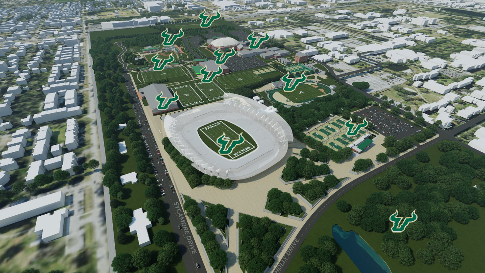 A rendering showing a found football stadium along with several buildings and trees. Several green Us with bullhorns are scattered over the rendering to represent the University of South Florida's athletics logo.