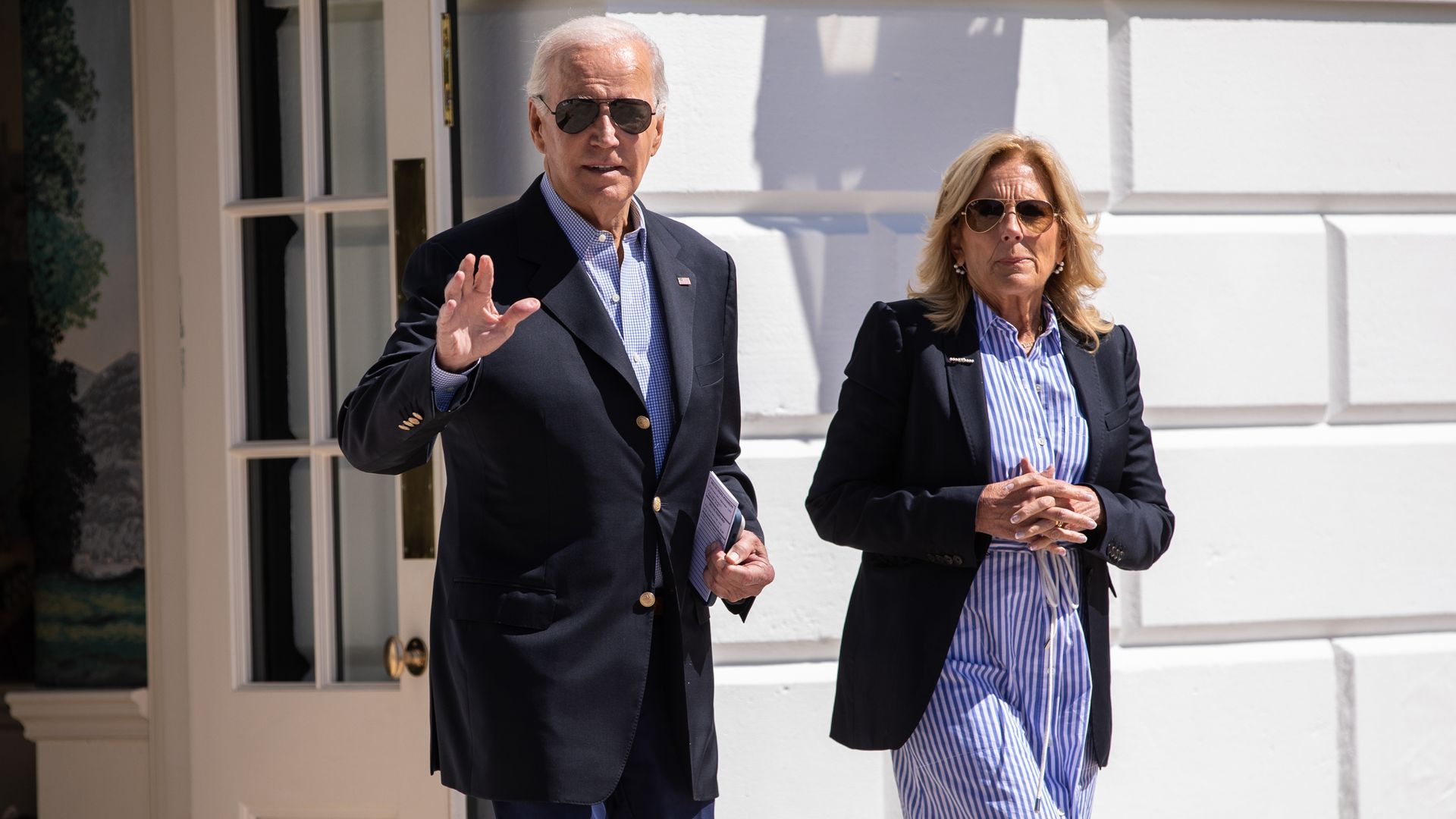  President Joe Biden and First Lady Dr. Jill Biden depart the White House en route to Florida on September 2, 2023 in Washington, DC. The President and the first lady will be in Florida to tour storm-damaged communities impacted by Hurricane Idalia. 