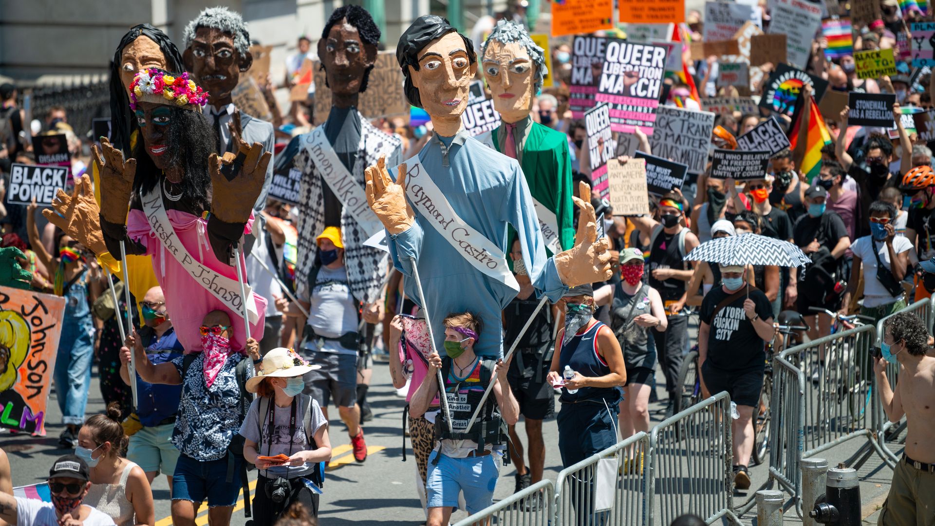 Artist Chris Williams' Pride Puppets march during the Queer Liberation March for Black Lives & Against Police Brutality on June 28, 2020 in New York City.