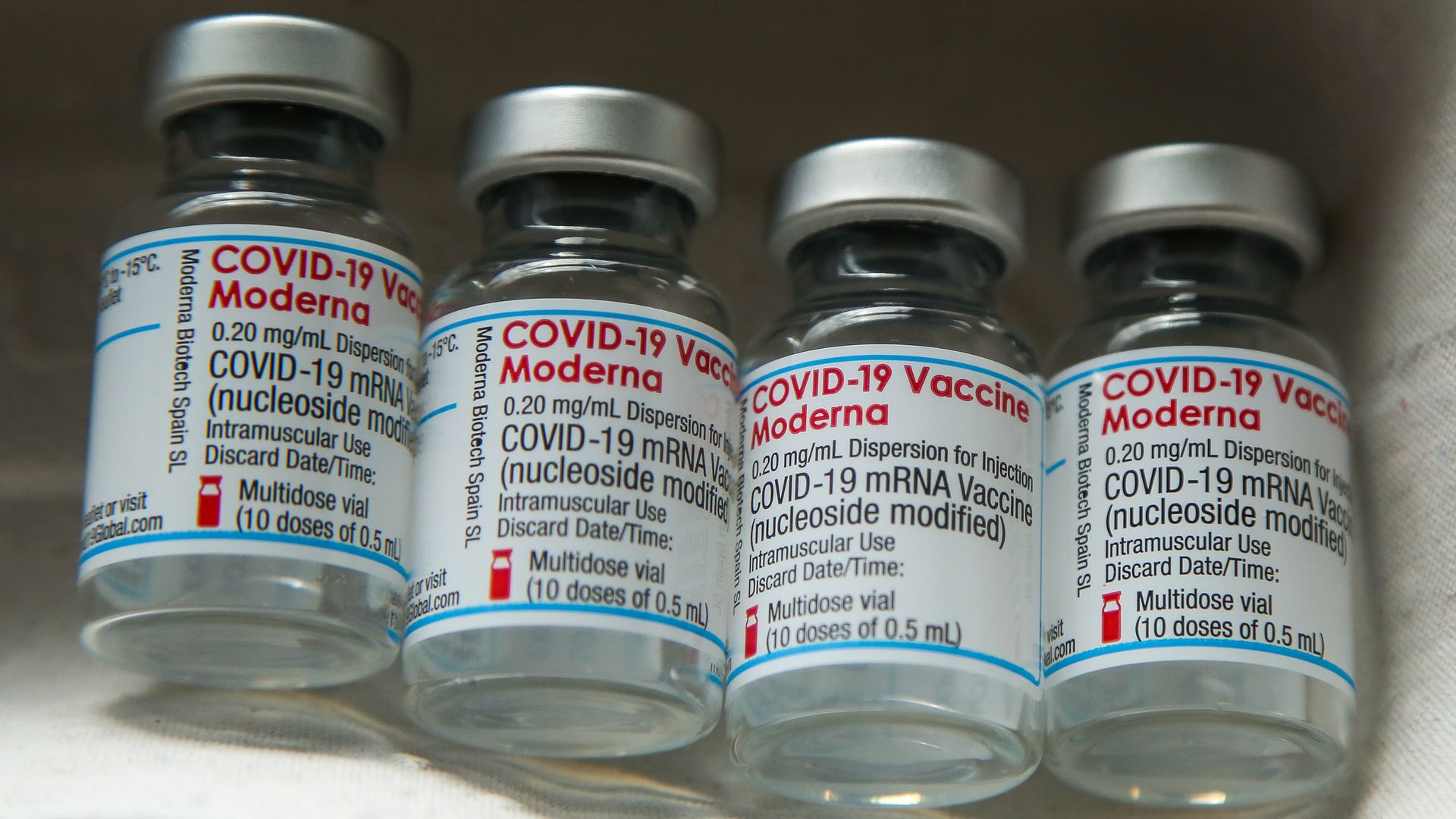 Vials of Moderna coronavirus vaccine at a vaccination center.