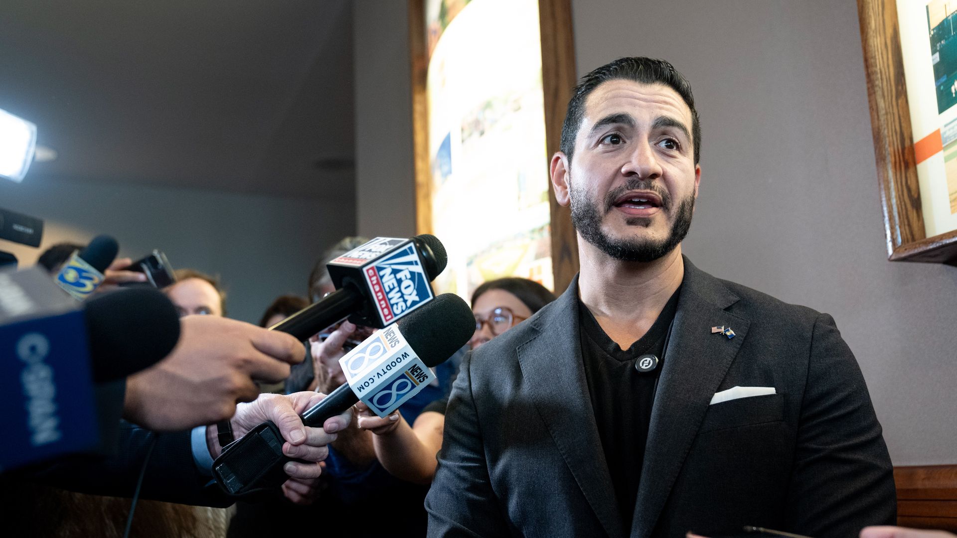 Abdul El-Sayed, the Democratic Senate nominee from Michigan, speaks to members of the media ahead of the state party's 2026 nominating convention in Lansing, Michigan, on Saturday.
