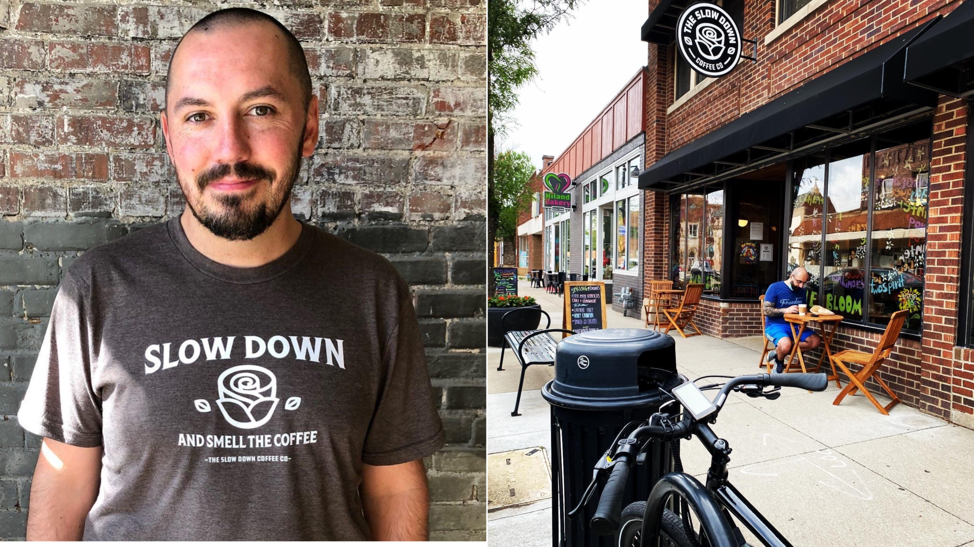 Drew Kelso, owner of Slow Down coffee and his e-bike