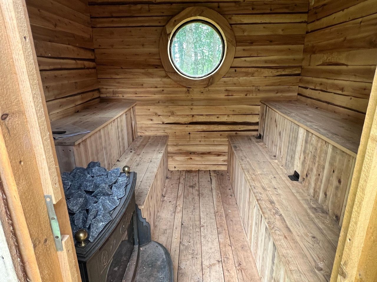 The inside of a cedar sauna.
