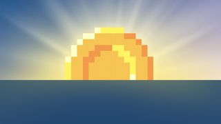 Illustration of a digital coin rising from the horizon with rays of light surrounding it