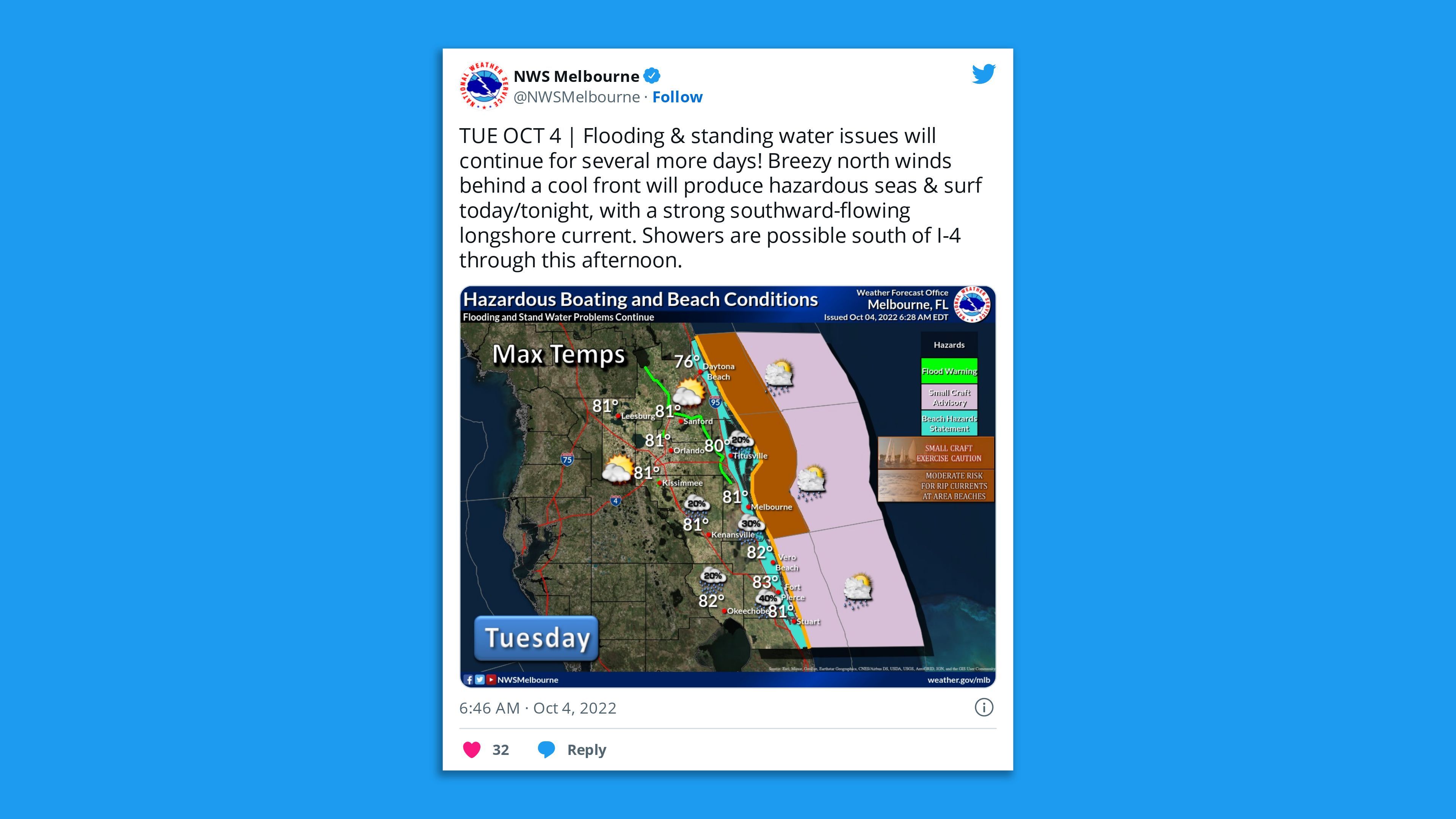 A screenshot of an NWS tweet warning flooding is likely to continue in central Florida for several days.