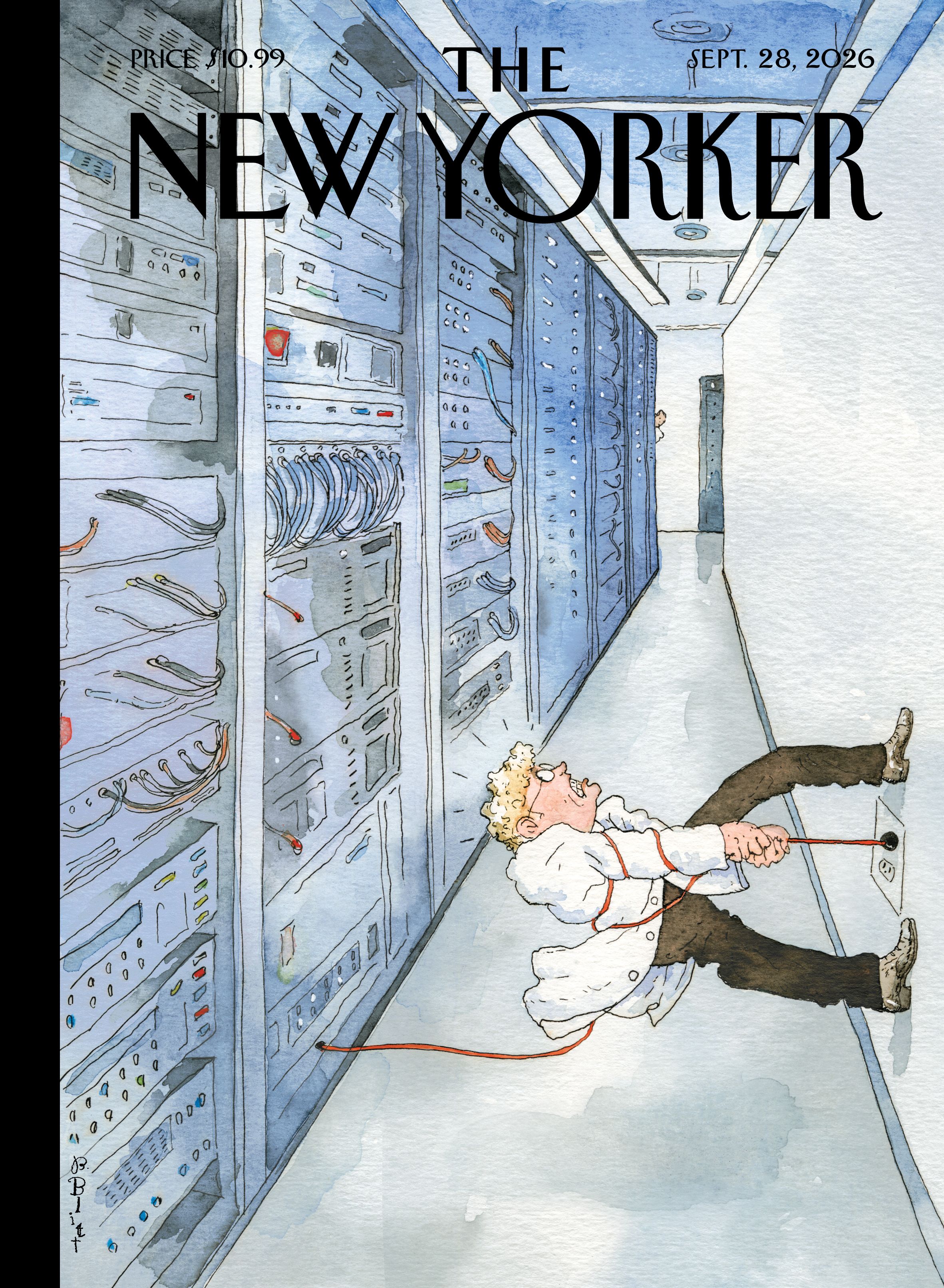 "The New Yorker" cover: a data-center hallway with blue server racks; a person in a white lab coat handles a red cord on the floor. Sept. 28, 2026.