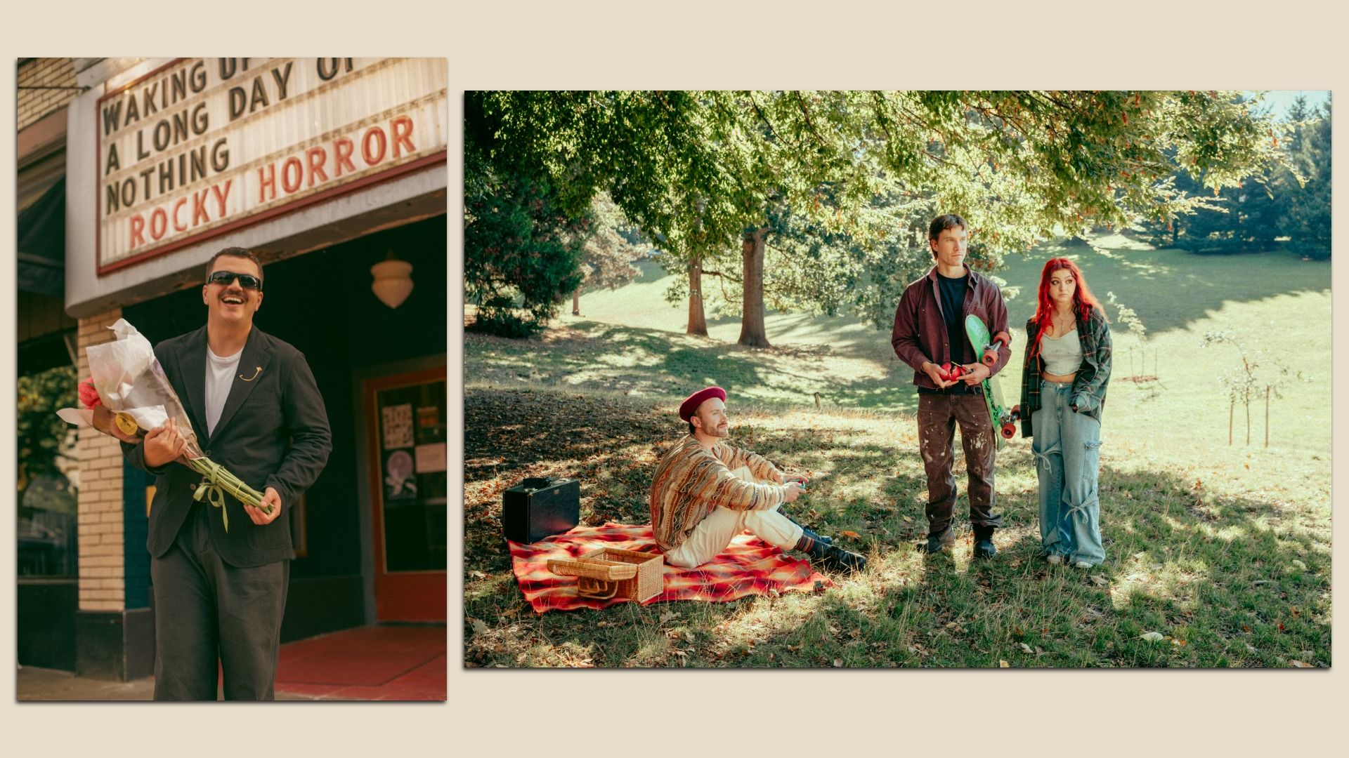Two-panel collage: left, man in a suit holds flowers under a "Rocky Horror" marquee. Right, three friends in a park: skateboarder, red-haired woman, beret-wearing man on a plaid blanket.