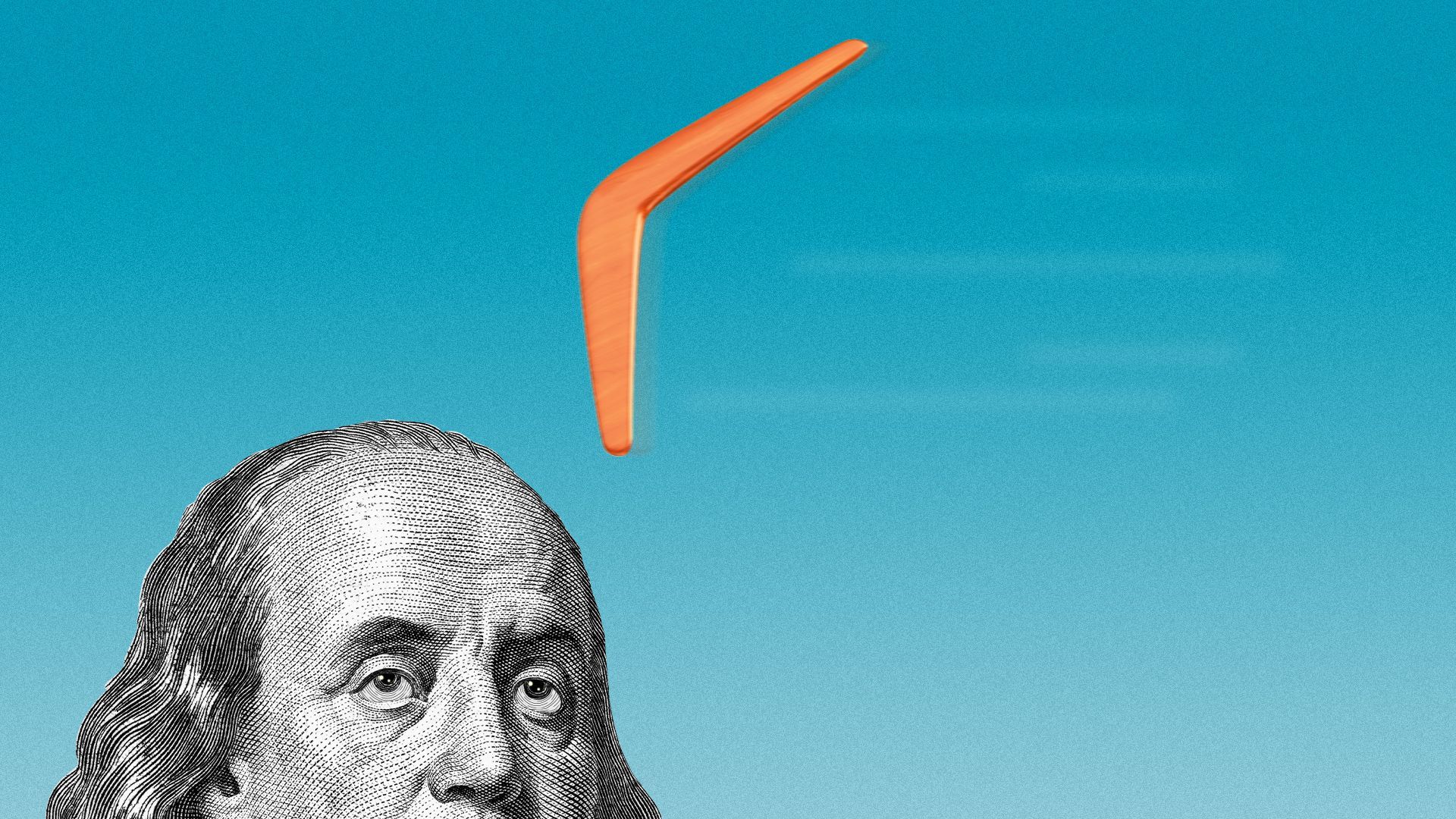 Illustration of a boomerang flying over Benjamin Franklin's head. 