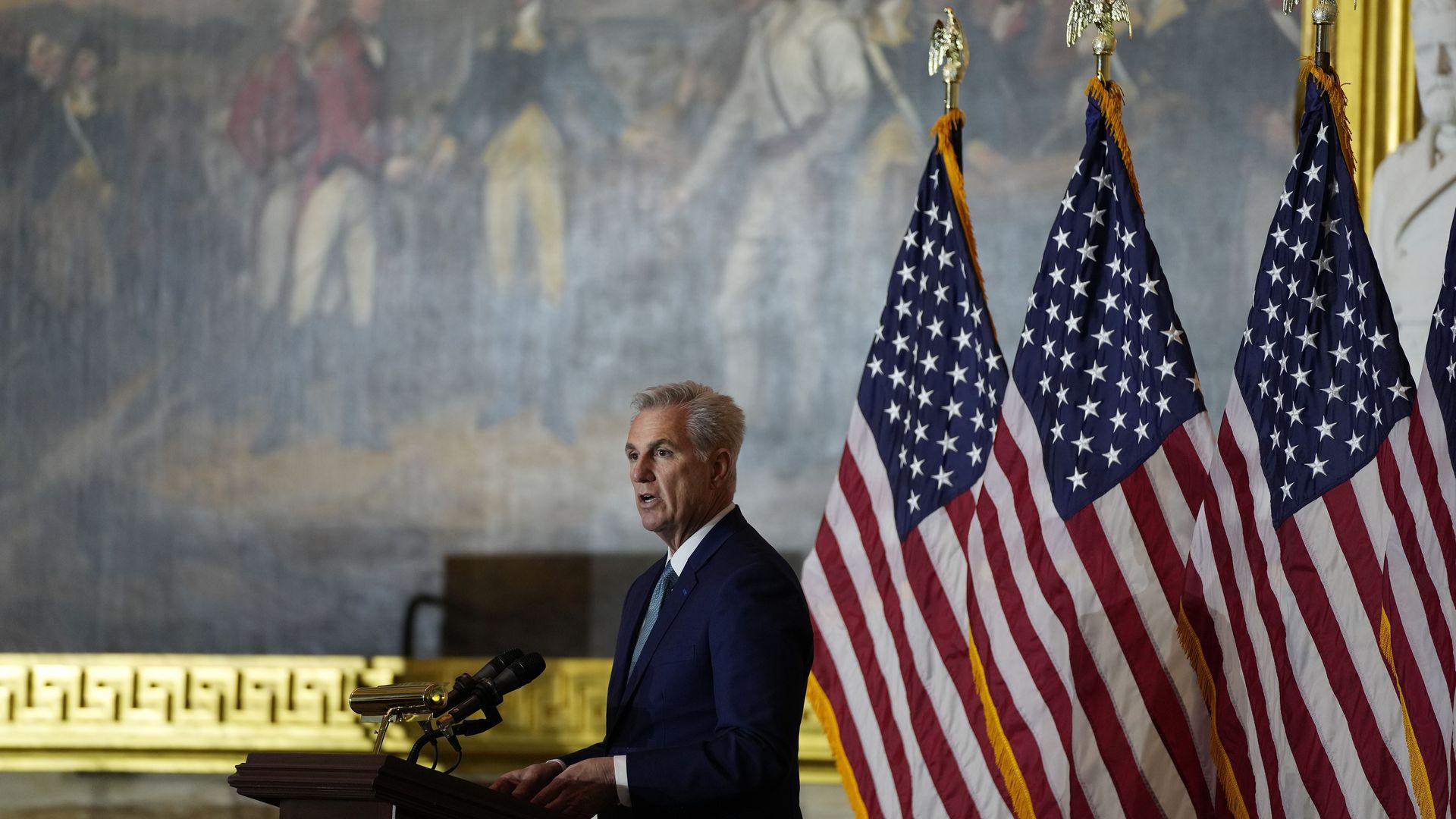 House Republican Leader Kevin McCarthy speaks in the Capitol Rotunda on Dec. 6, during a ceremony for police who defended the Capitol on 1/6.