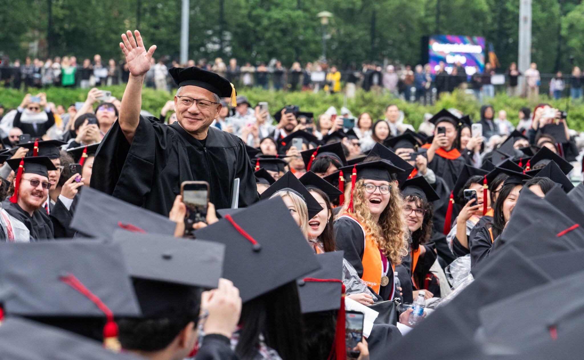 Nvidia CEO Jensen Huang greets graduates today at Carnegie Mellon University in Pittsburgh.