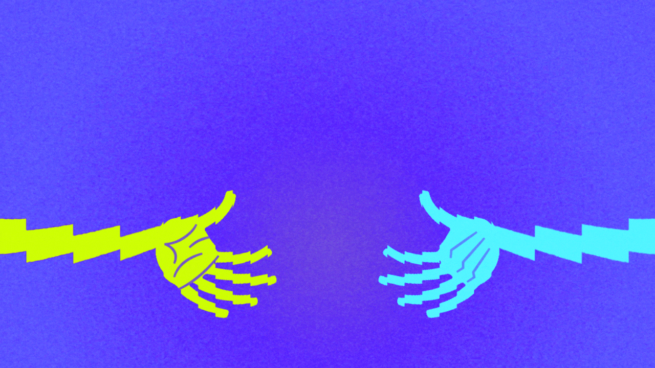 Animated illustration of two arms made out of lightning shaking hands.