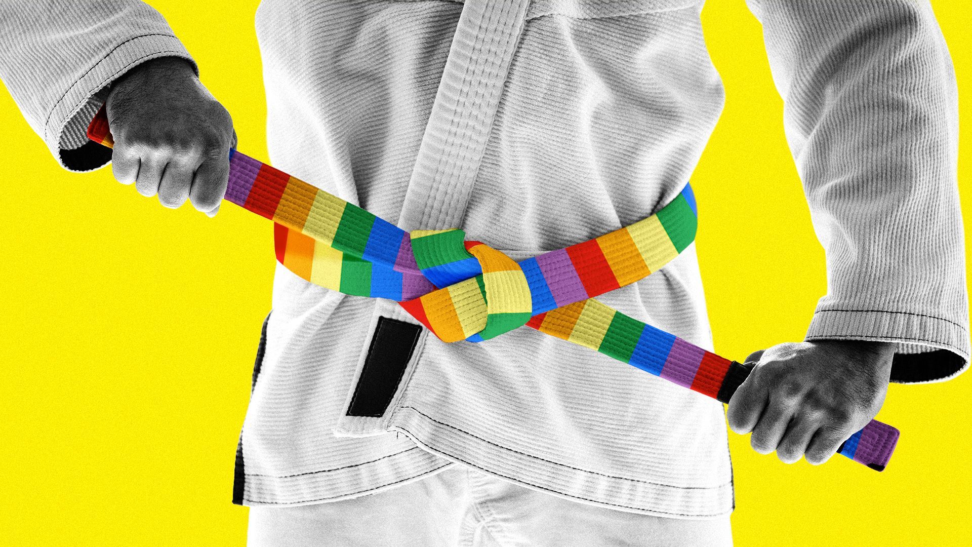 Illustration of a person tying a rainbow-colored jiu-jitsu belt.