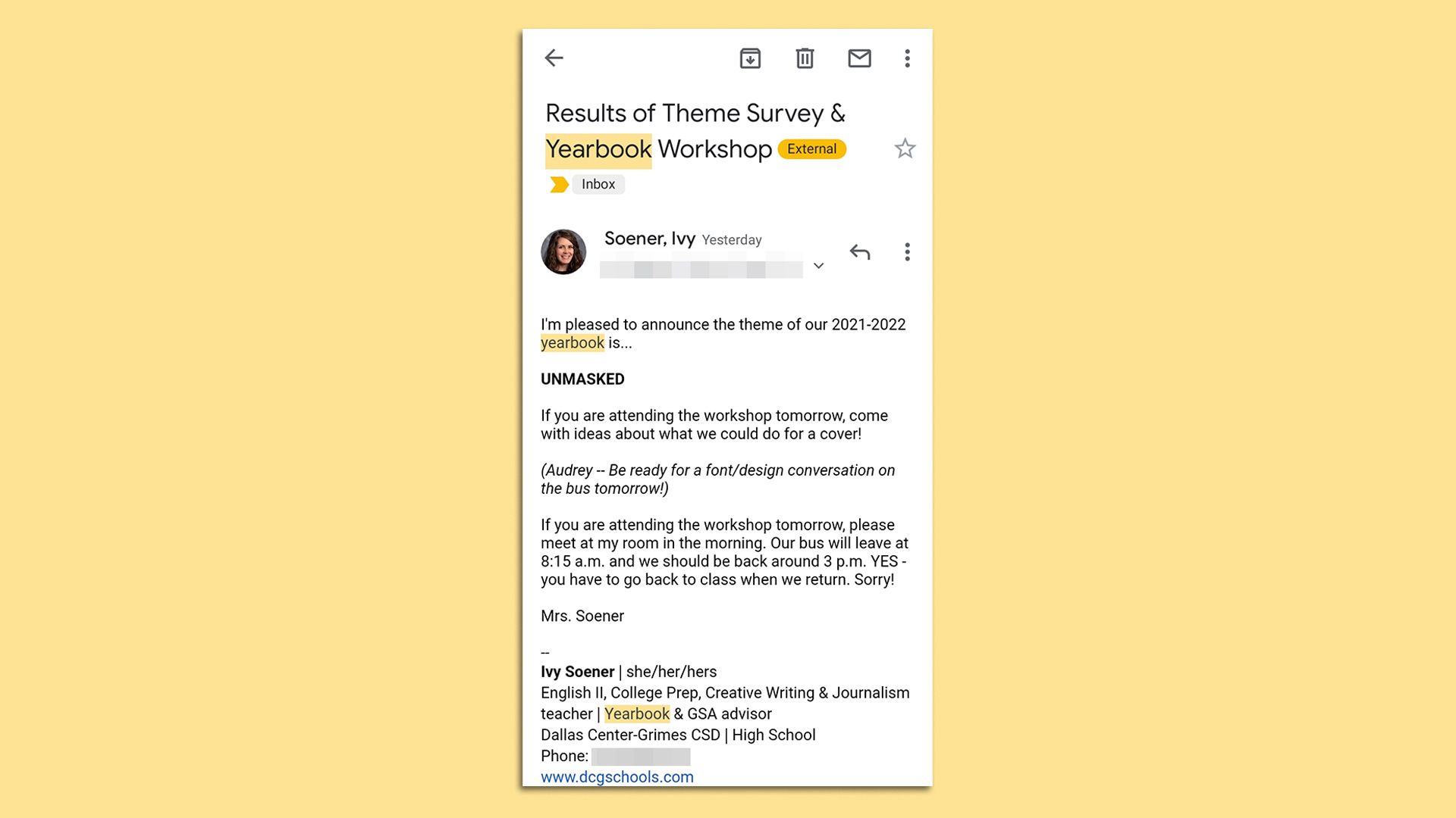 A photo of an email announcing Dallas Center-Grimes' yearbook theme as "Unmasked."