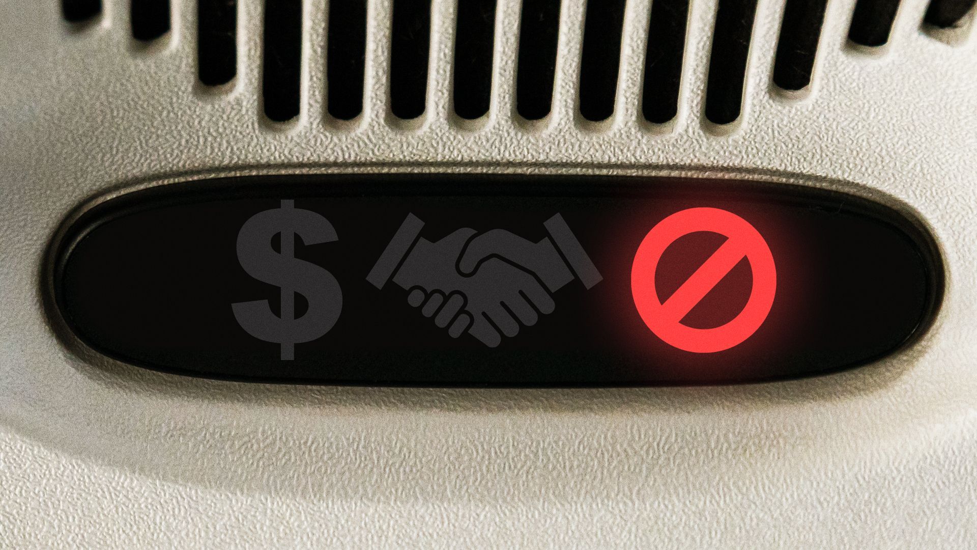 Illustration of an illuminated airplane seatbelt sign, with a dollar sign and handshake dimmed, and a "no" symbol highlighted.
