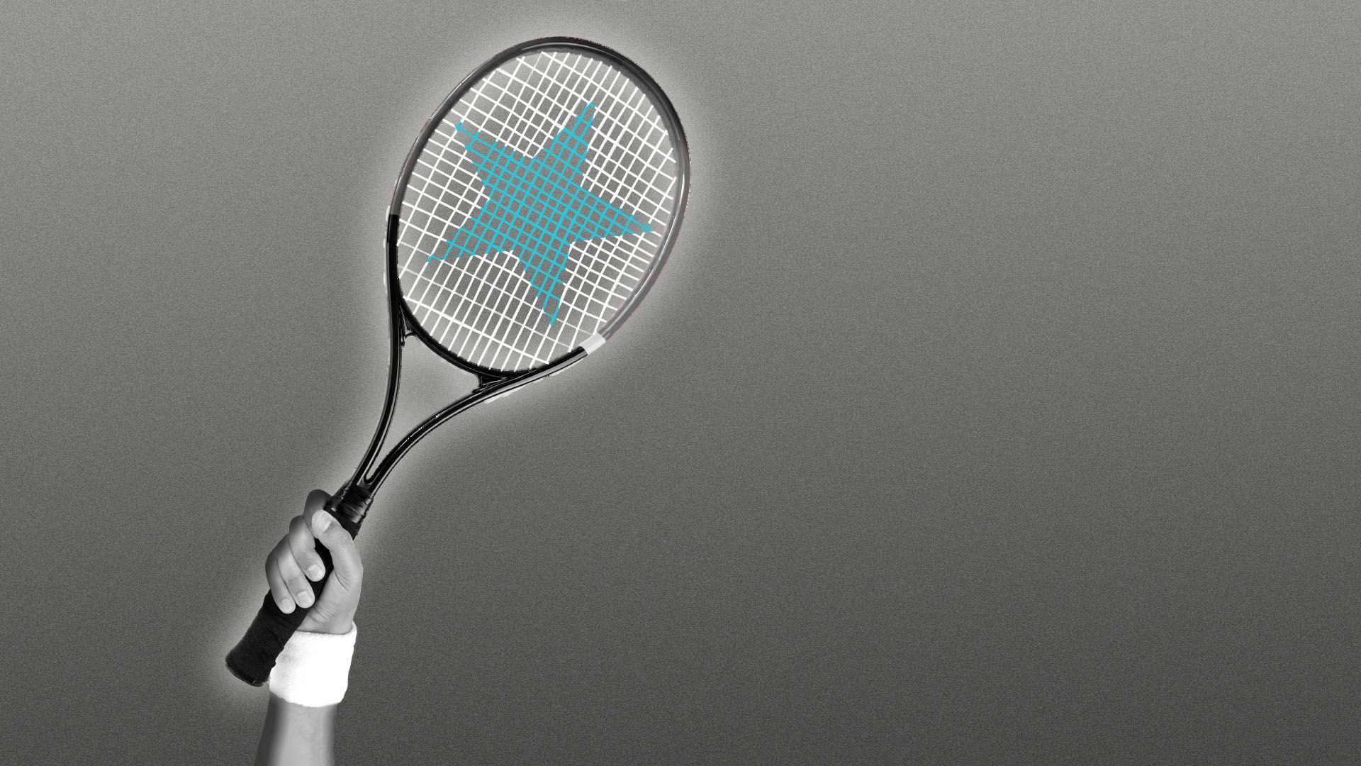 Illustration of a tennis racket being held up with a star imprinted on it