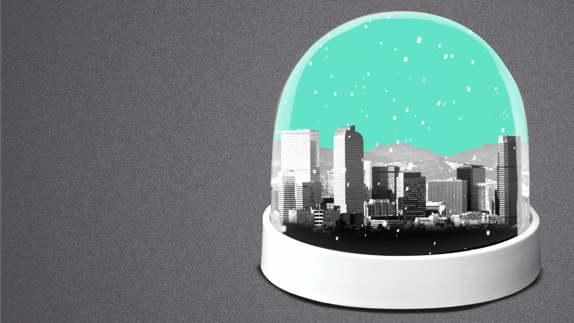 Illustration of a snow globe with the Denver skyline inside it.