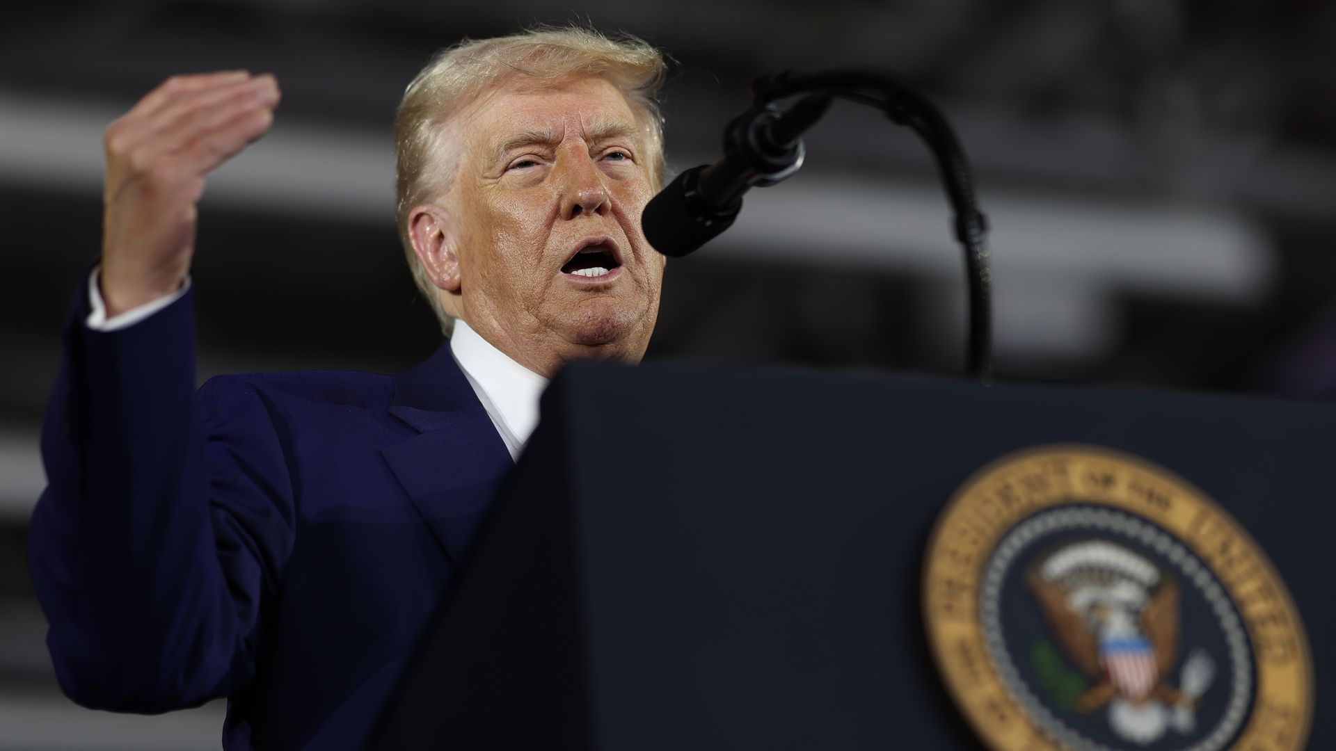  President Donald Trump speaks during a rally at Macomb Community College on April 29, 2025 at Warren, Michigan. 