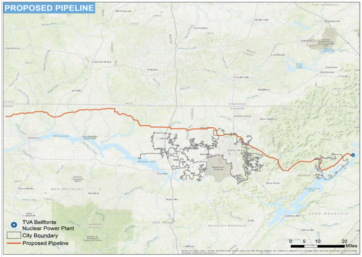 A map of North Alabama shows the proposed route of a new natural gas pipeline, from northwest Alabama to Scottsboro in northeast Alabama.
