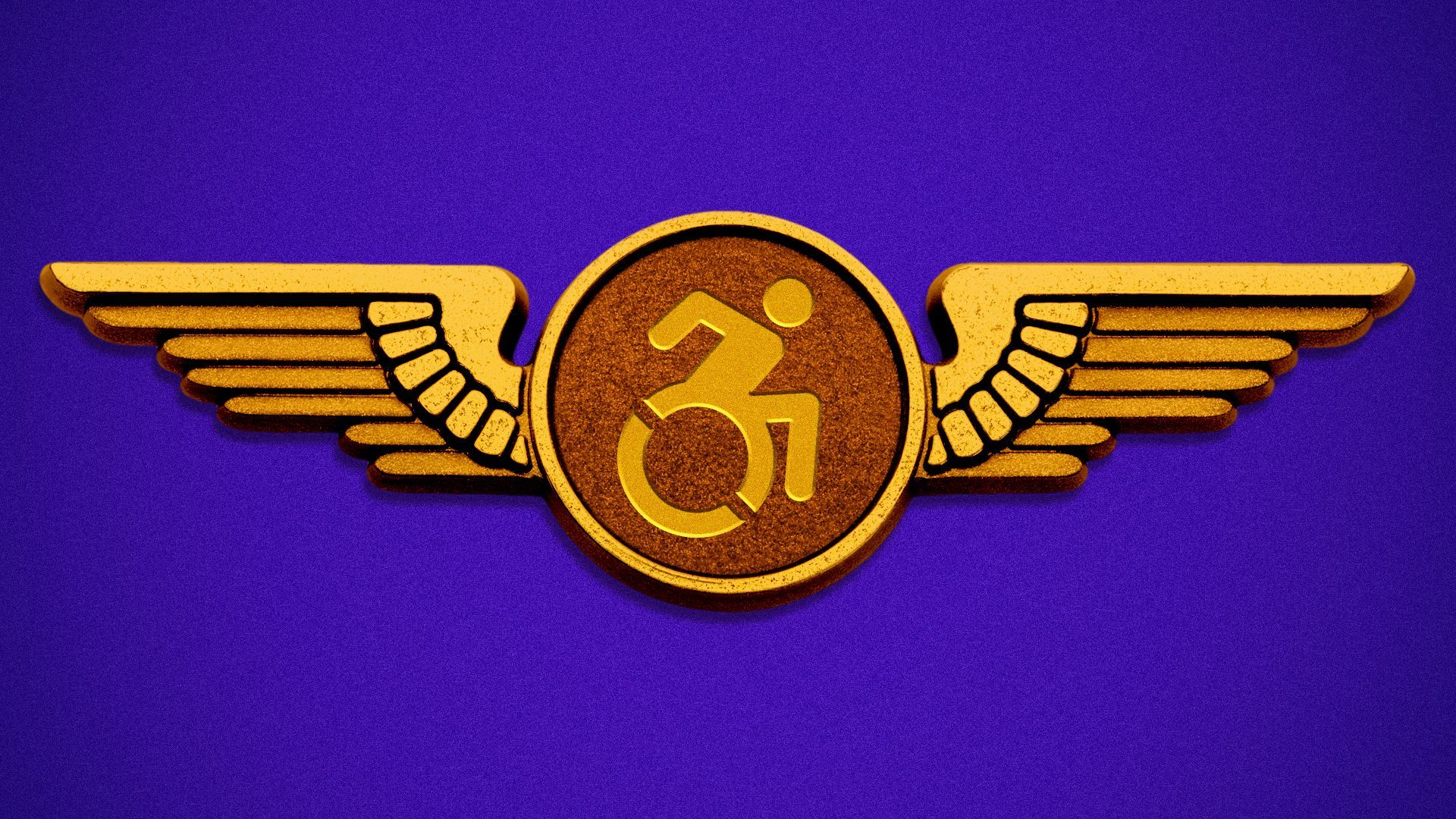 Illustration of a golden airplane wing pin engraved with the accessibility icon.
