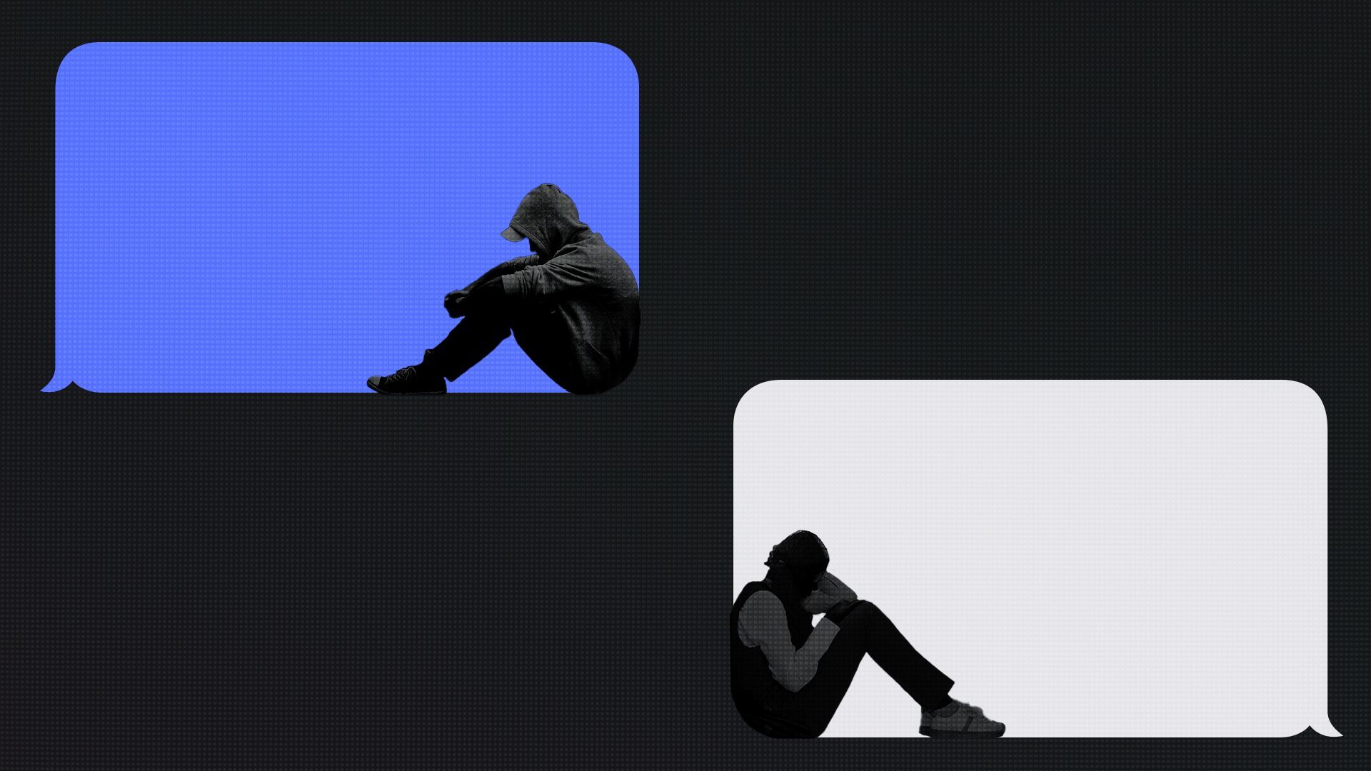 Illustration of a text message screen showing two messages being sent, with a teenager in each one looking sad, depressed, and trapped. 