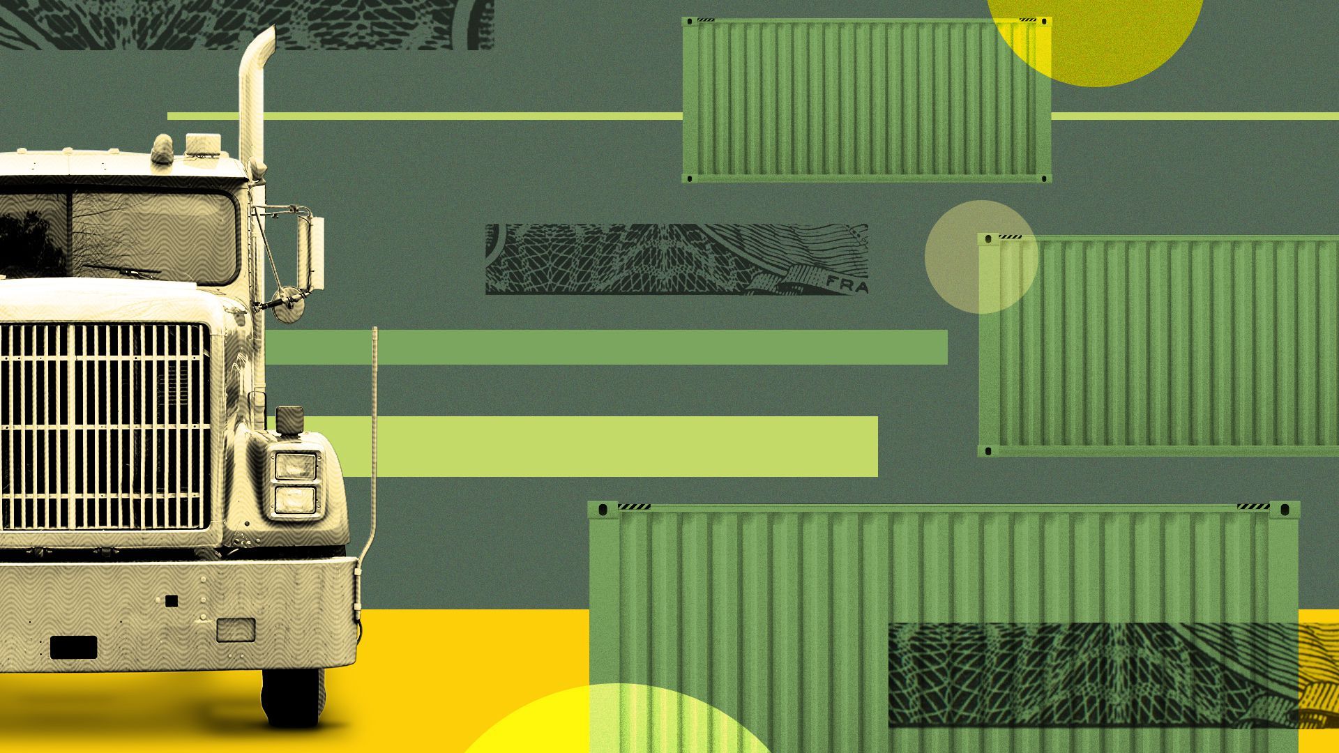 Illustration of a semitruck and shipping containers surrounded by abstract shapes and money elements.