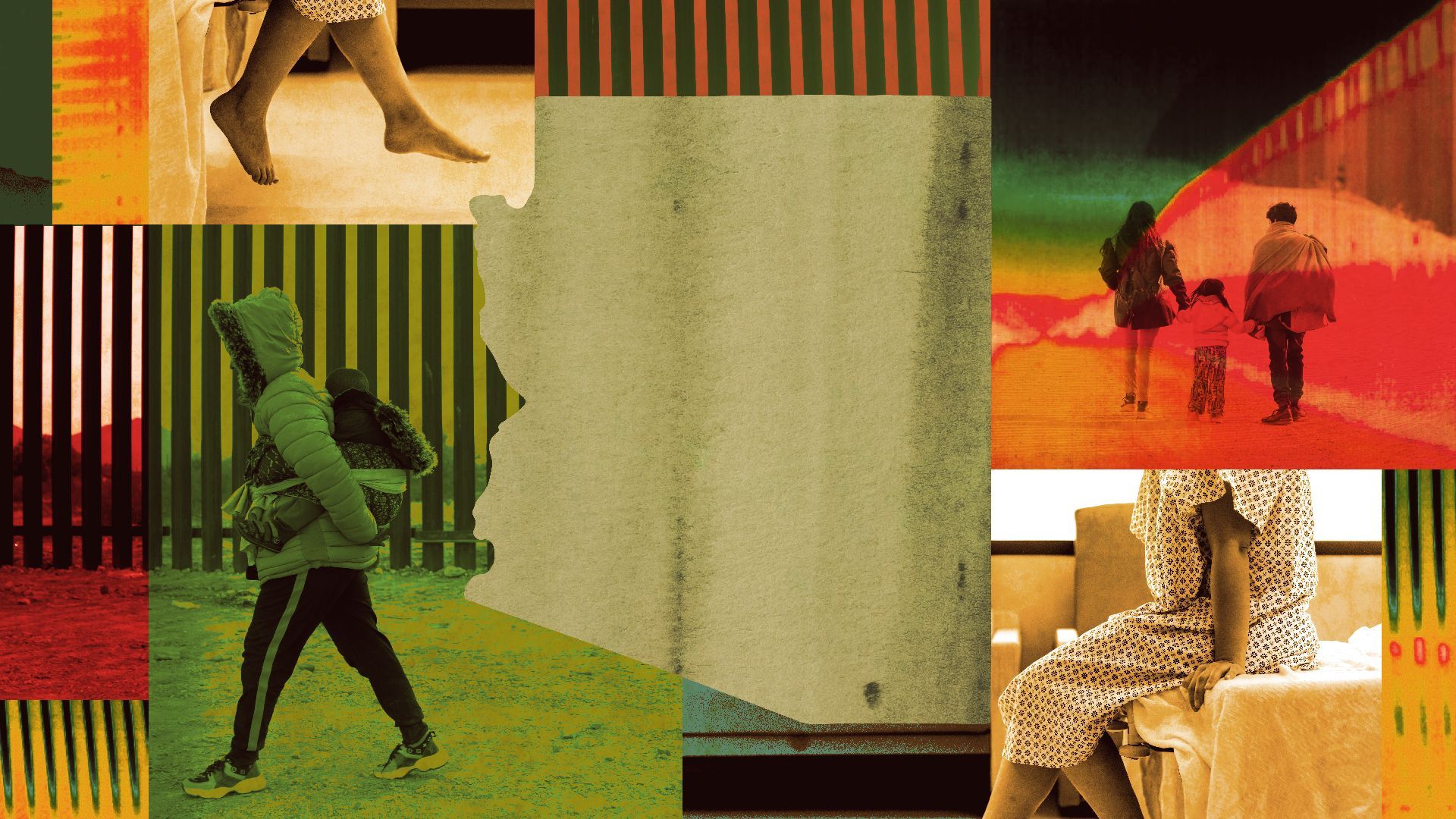 Photo illustration of a collage of migrants at the U.S-Mexico border and a patient in a medical room with abstract linework.