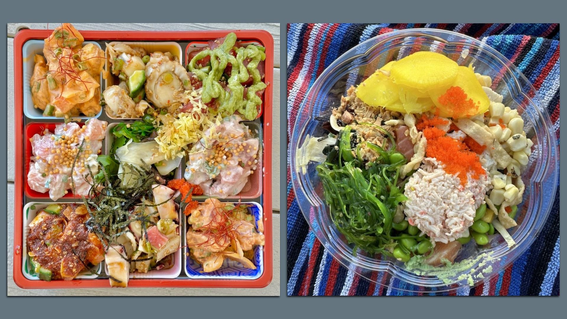 Two containers of colorful Hawaiian dishes: a red bento with small portions of savory dishes, vegetables, toppings, and sauces on left; a clear bowl with  seaweed, vegetables, pickled yellow radish, and other toppings.