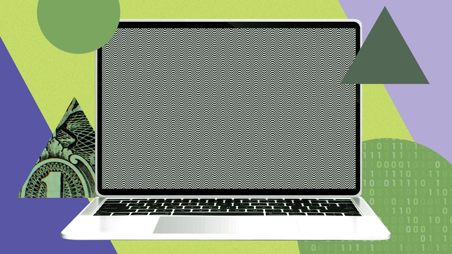 a computer surrounded by upward arrows, circles, binary code and money