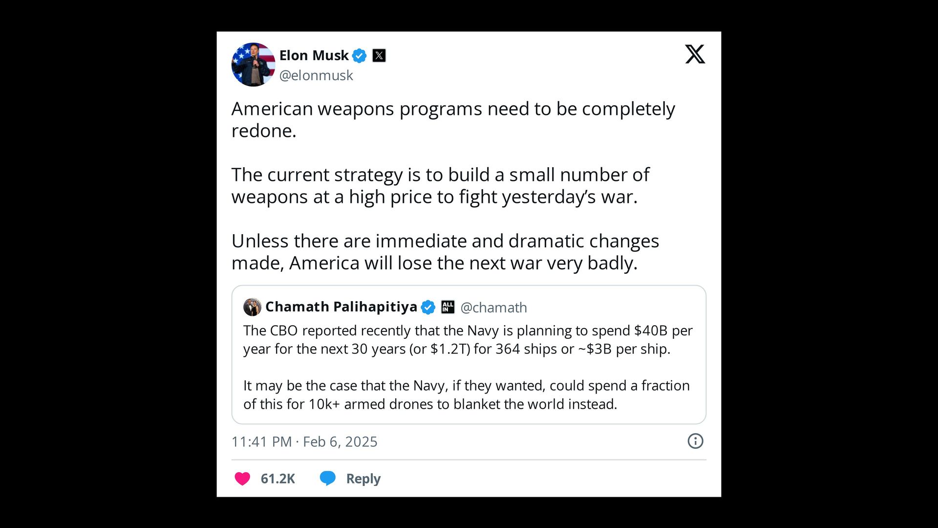 A post on X from Elon Musk, set against a black background. He is discussing U.S. weapons programs.