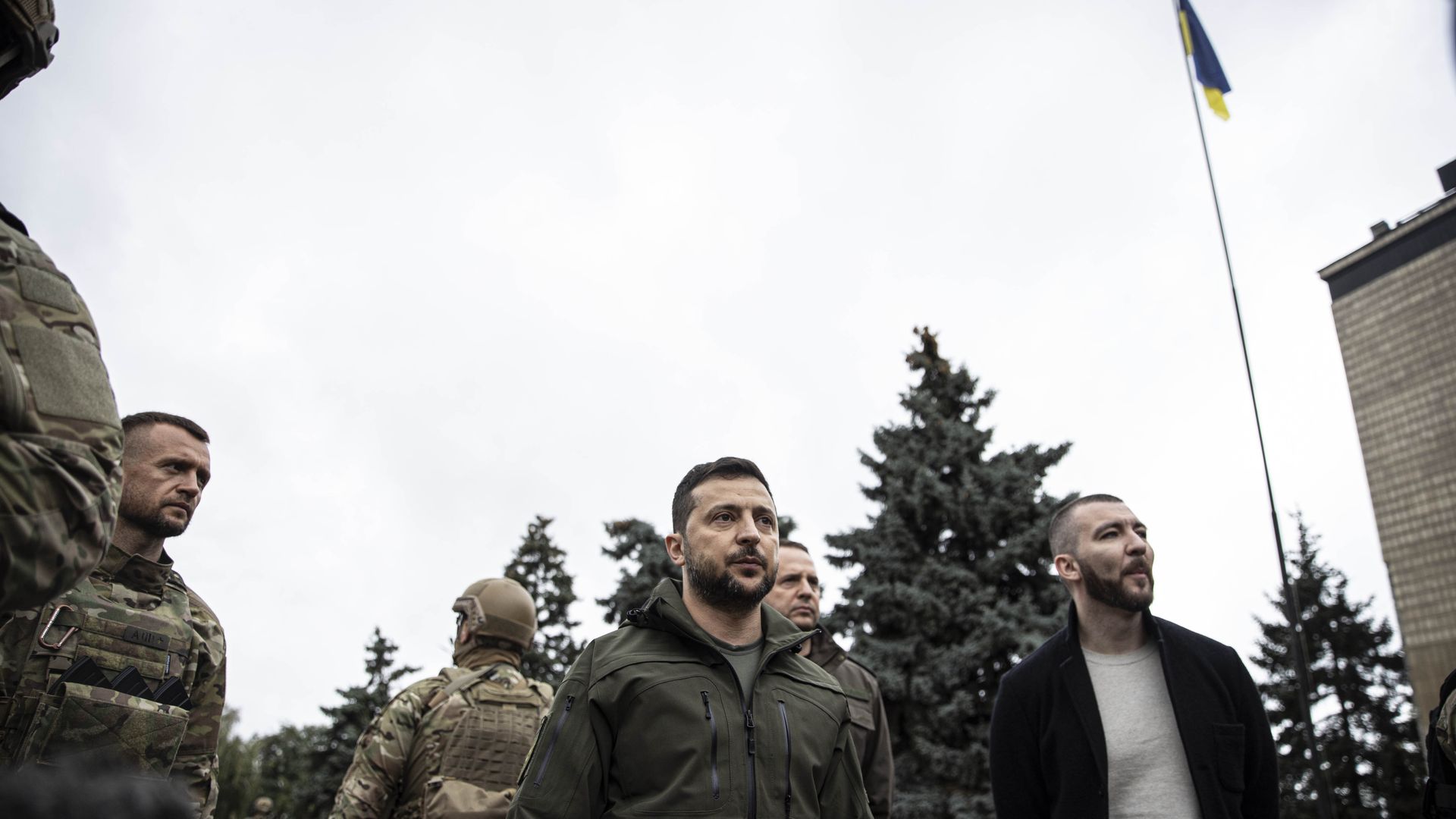 Ukrainian President Volodymyr Zelenskyy attends flag hoisting ceremony in Izium after the Ukrainian forces took control of the city from the Russian forces in Kharkiv, Ukraine on September 14,
