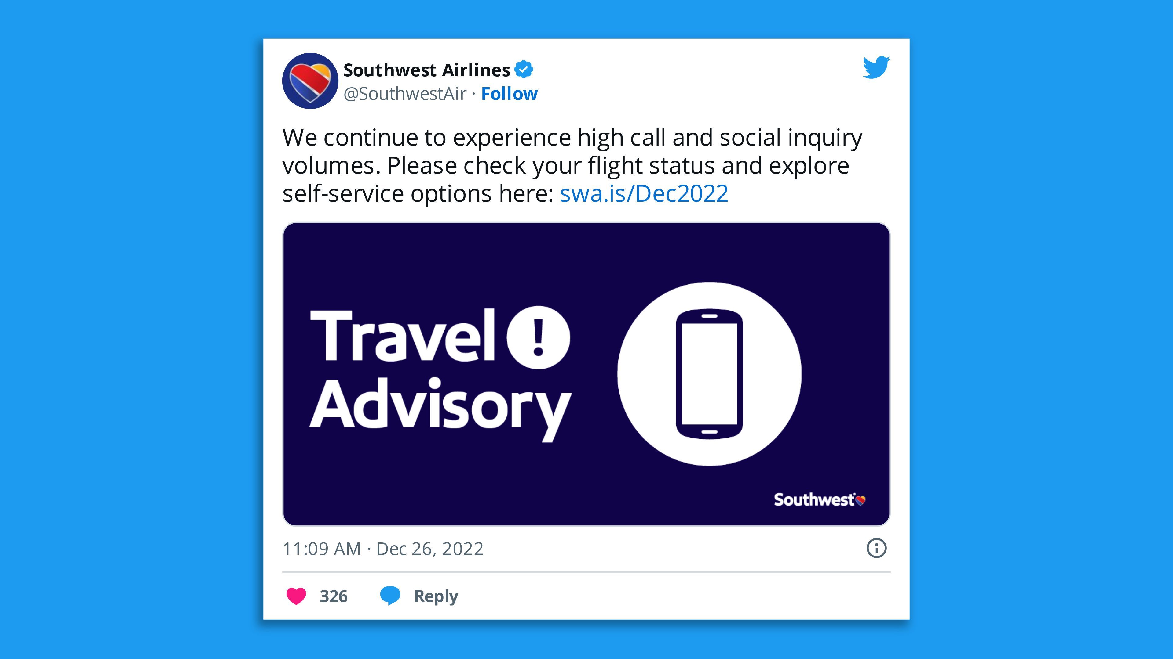 A screenshot of a tweet from Southwest Airlines indicating that they are experiencing high call volumes.