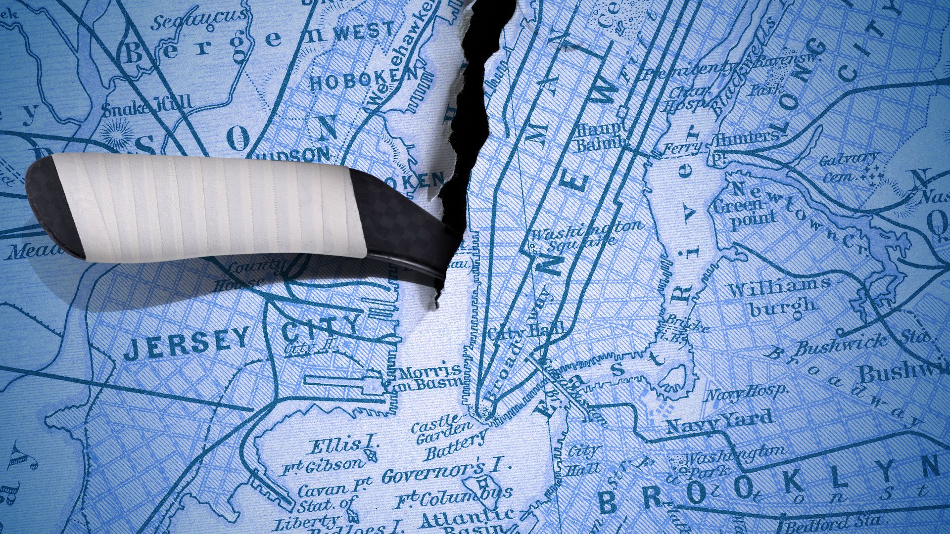 Illustration of a hockey stick tearing a map of New Jersey and New York down the middle along the Hudson. 