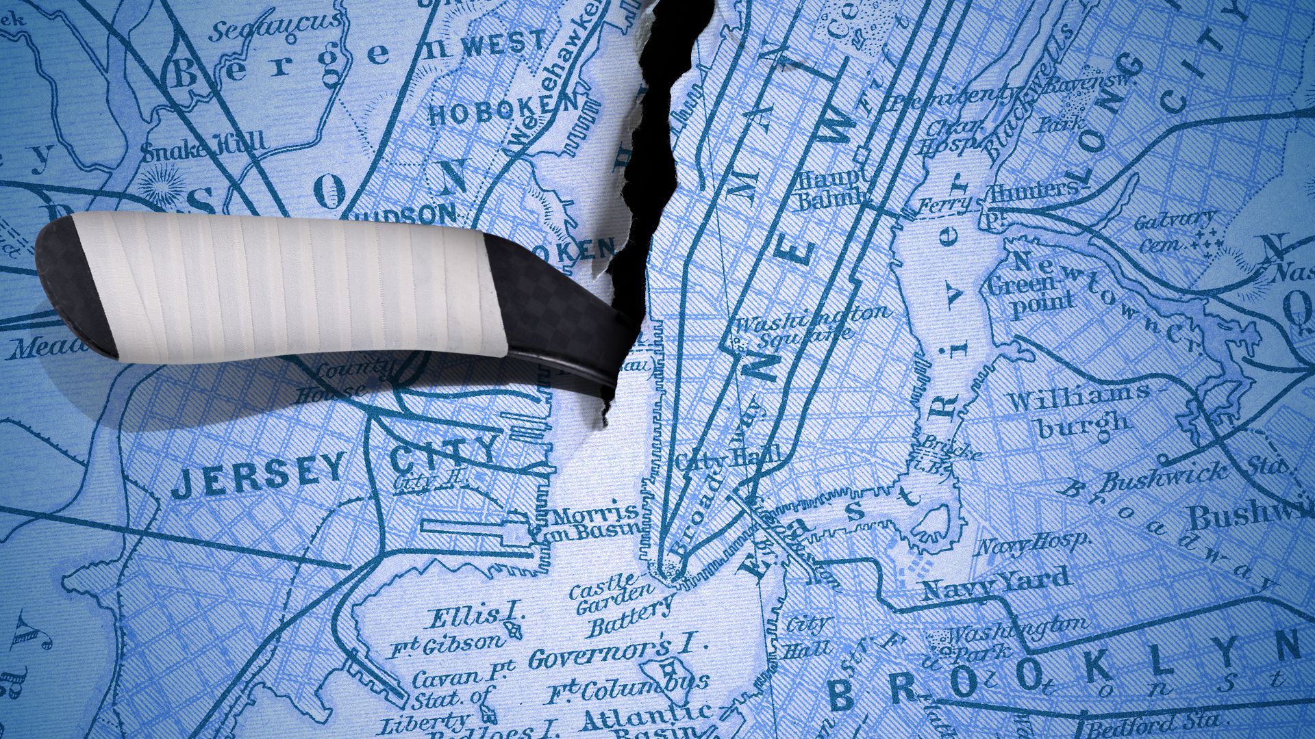 Illustration of a hockey stick tearing a map of New Jersey and New York down the middle along the Hudson.