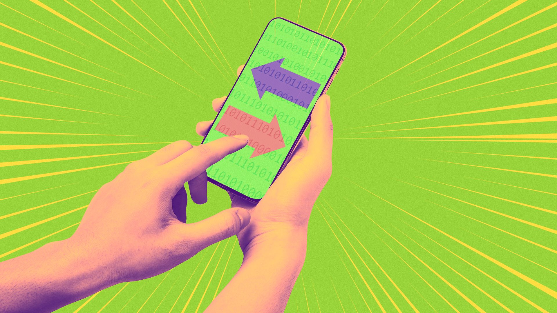 Illustration of a hand holding a phone with binary code and arrows facing opposite directions