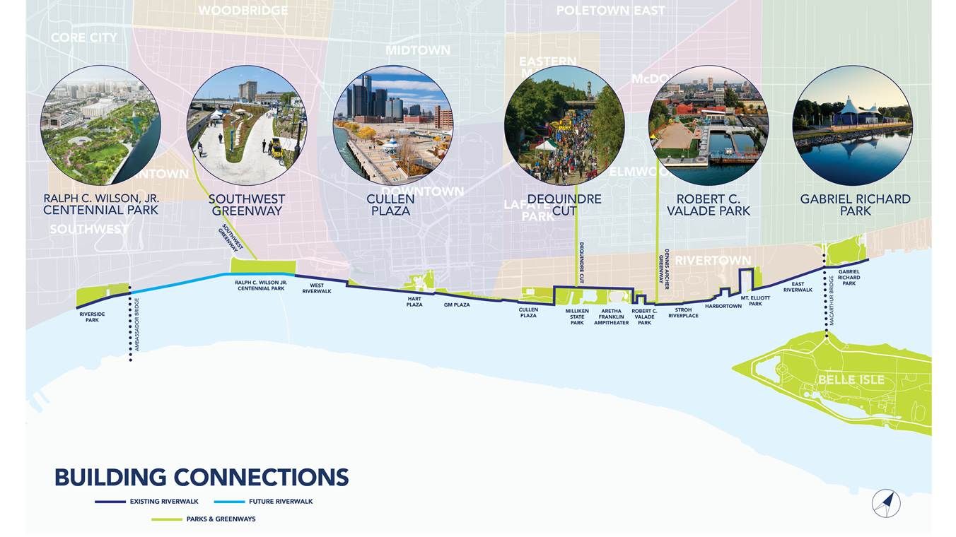 Map showing Detroit riverwalk parks and greenways, including Wilson Park, Southwest Greenway, Robert C. Valade Park. 