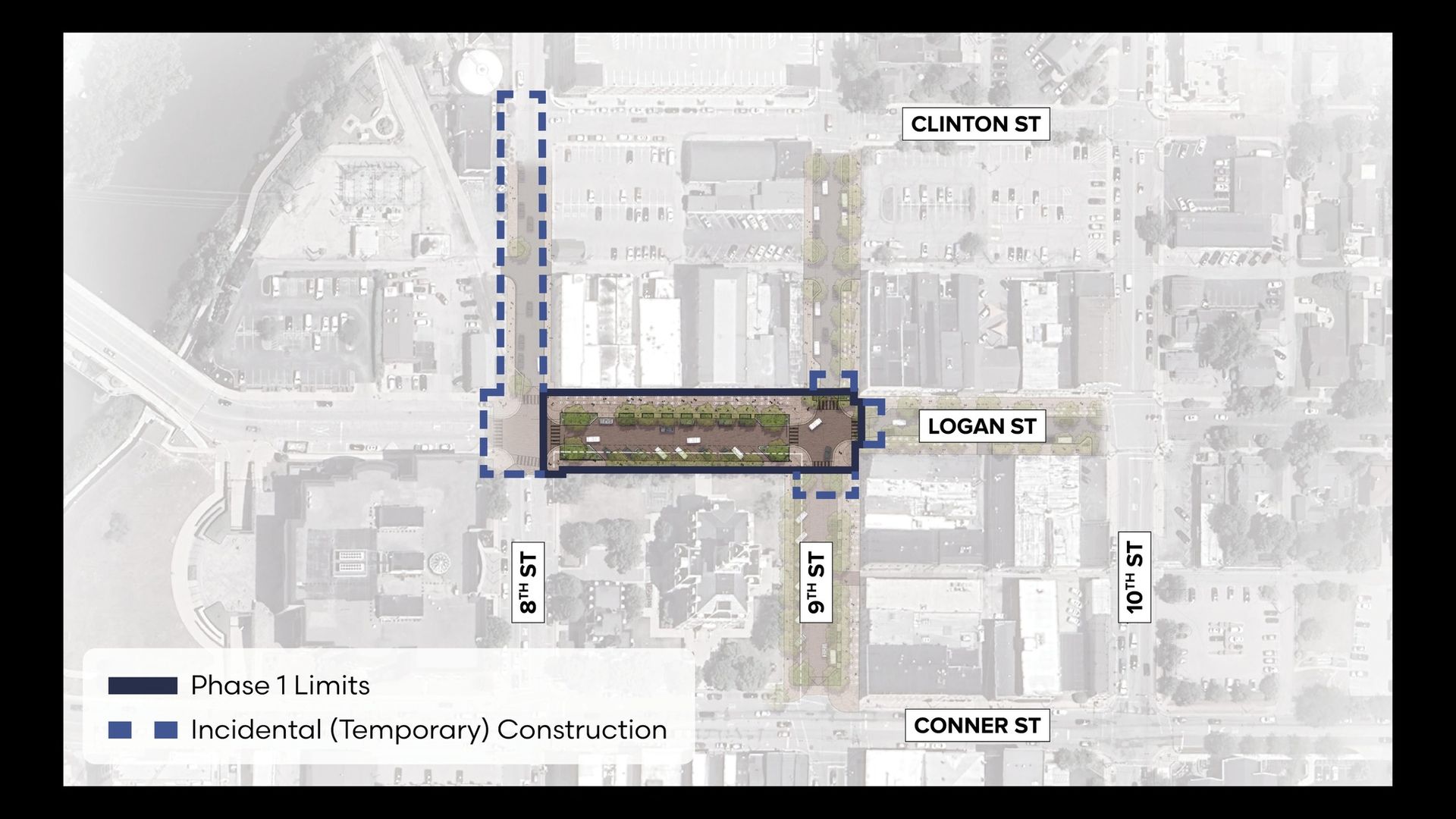 Map showing a construction plan with Phase 1 Limits marked in solid dark blue and Incidental (Temporary) Construction in dashed blue, covering streets including 8th, 9th, and 10th St near Clinton, Logan, and Conner St.