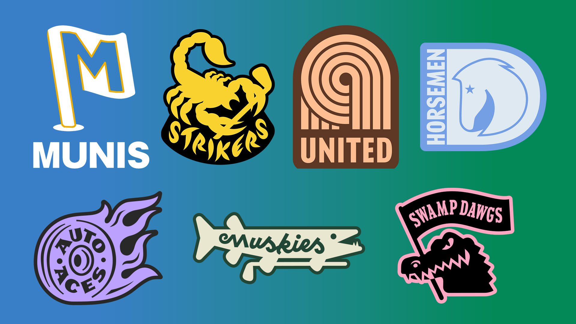 Seven colorful logos on a blue-to-green gradient background featuring: a blue and gold flag with M for Munis, a yellow scorpion with Strikers, a brown and peach United, a blue horse with Horsemen, a purple flaming tire with Auto Aces, a beige fish with Muskies, and a black alligator with Swamp Dawgs