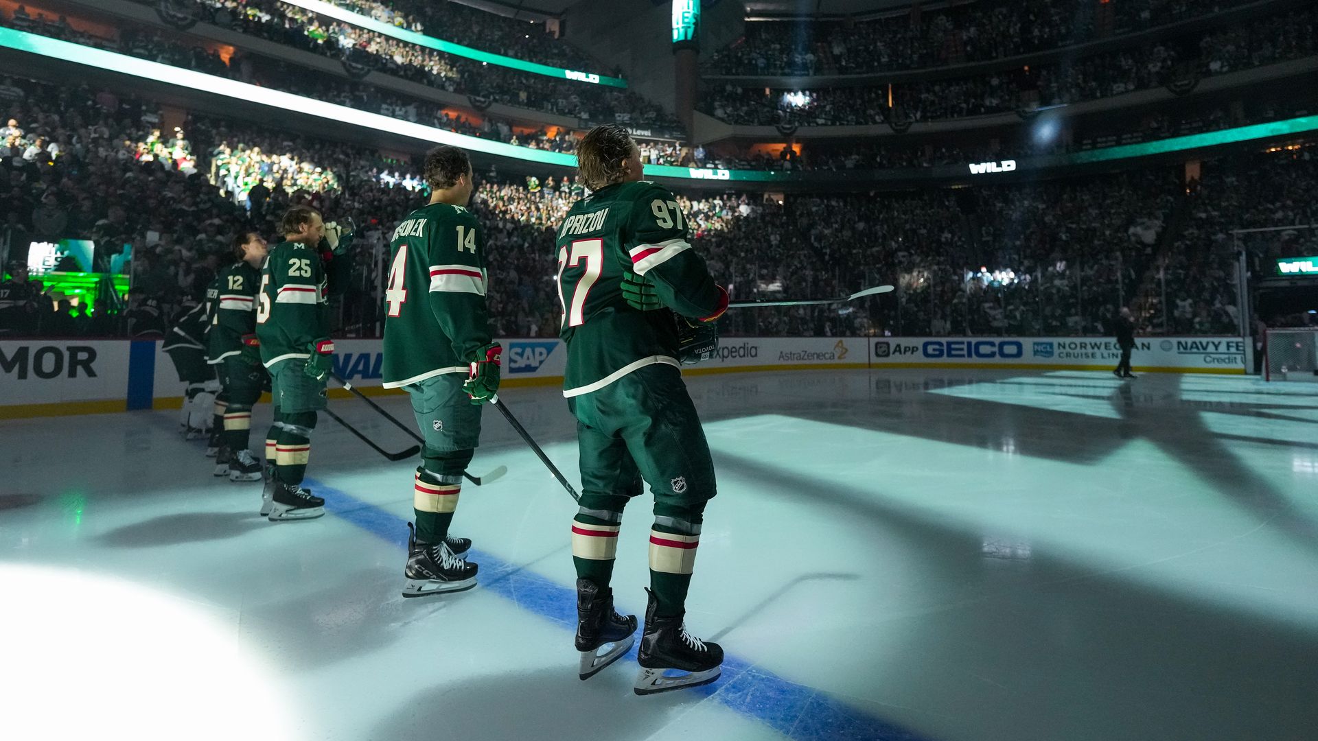 Five hockey players in green jerseys stand on the ice in a darkened arena before an NHL game