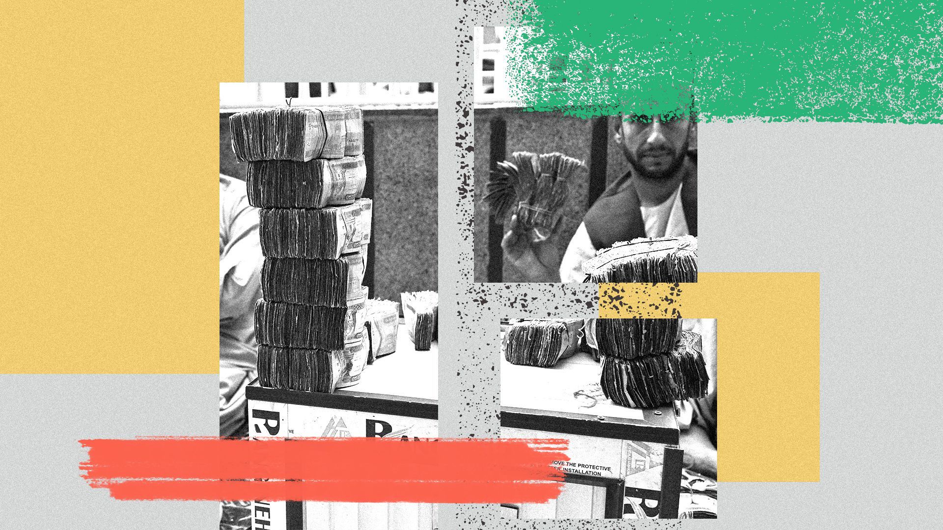 Photo illustration of an Afghan man counting money as a collage.