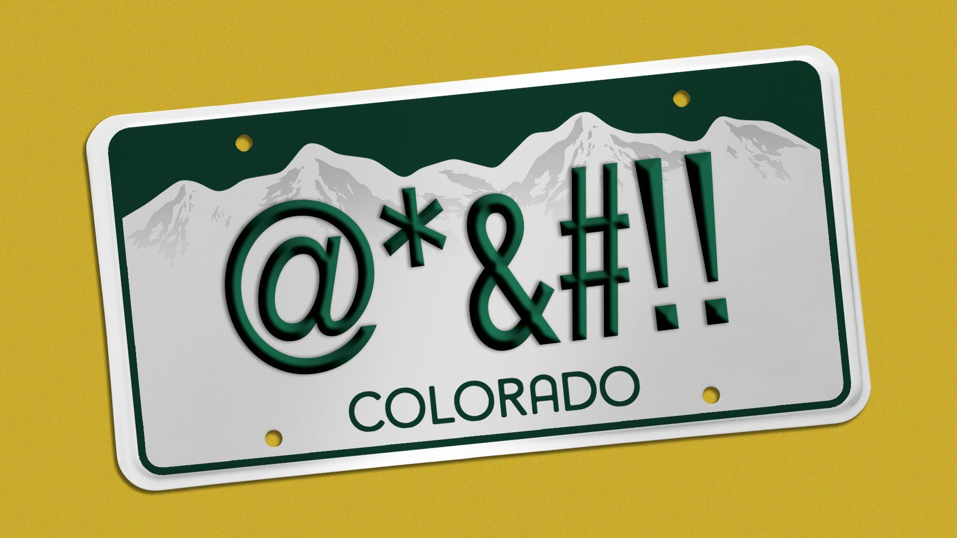 Illustration of a Colorado license plate with symbols implying a swear word.