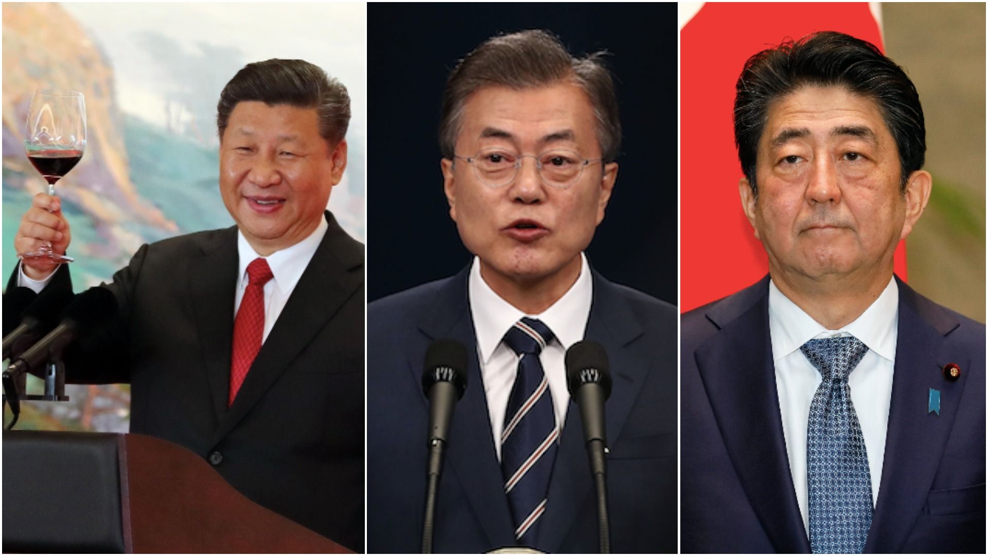 Xi Jinping raises a glass, Moon Jae In, Shinzo Abe