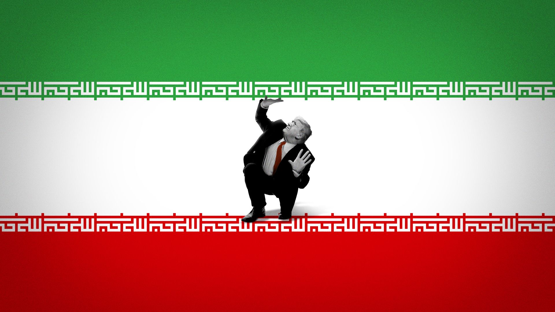 Photo illustration of Trump trapped between the green and red stripe of the flag of Iran.