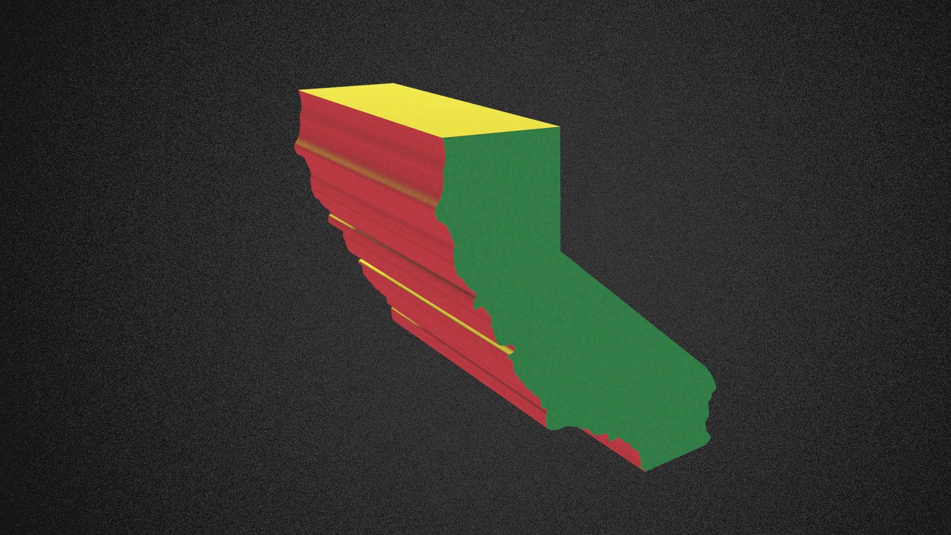 Illustration of the state of California lit by red, green and yellow lights.