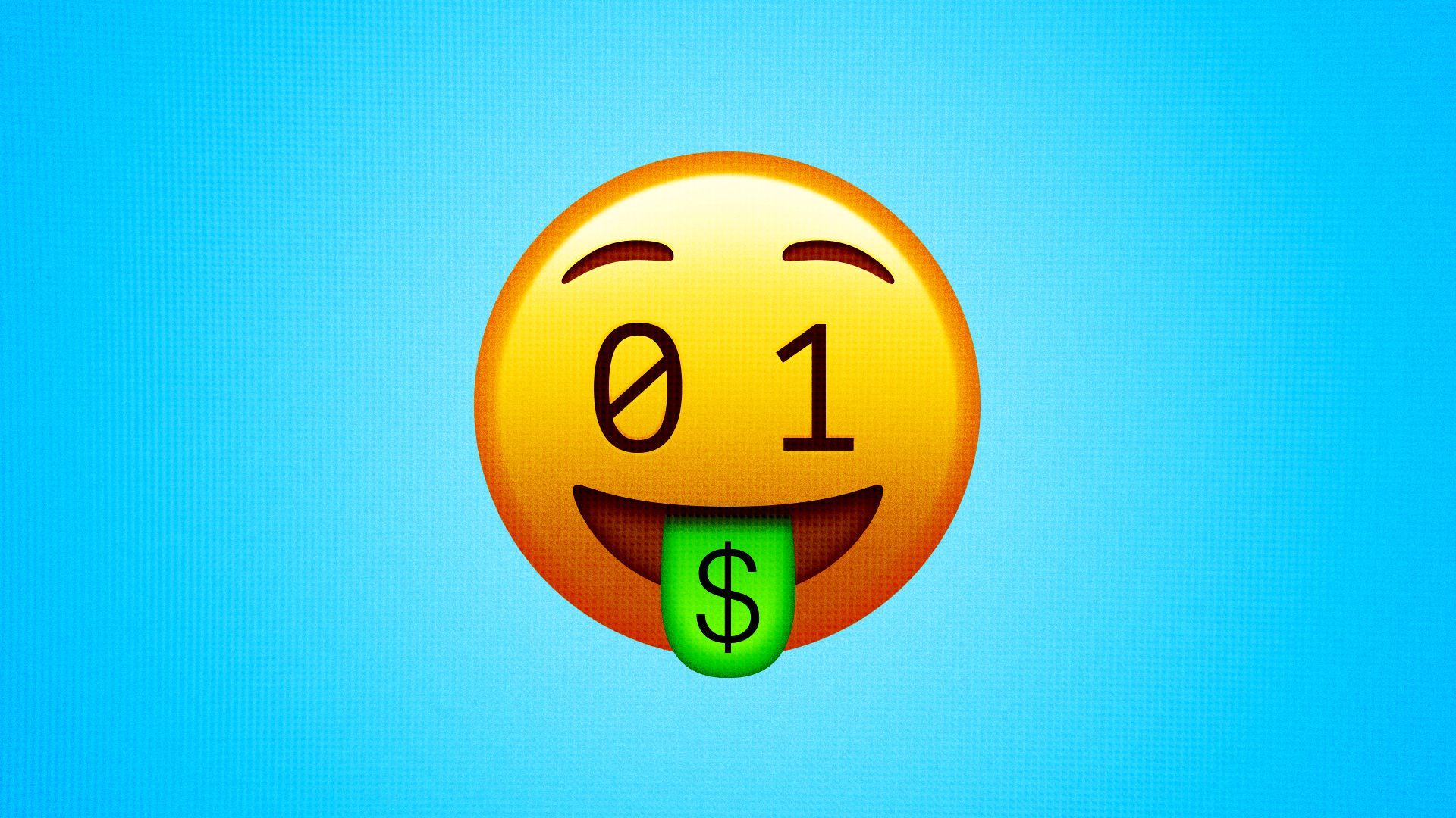 Illustration of a money tongue emoji but its eyes are binary code.