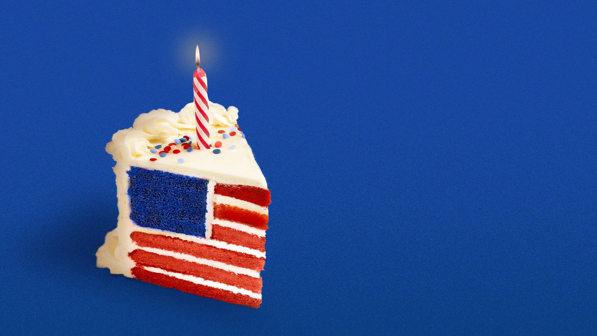 Illustration of a piece of cake with tiers that make the American flag.