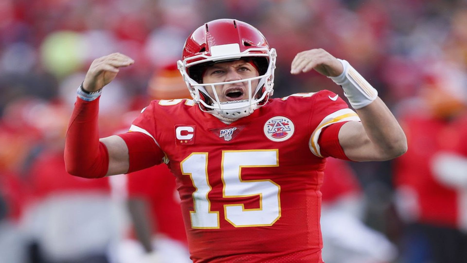 The Chiefs' Patrick Mahomes celebrates a touchdown pass