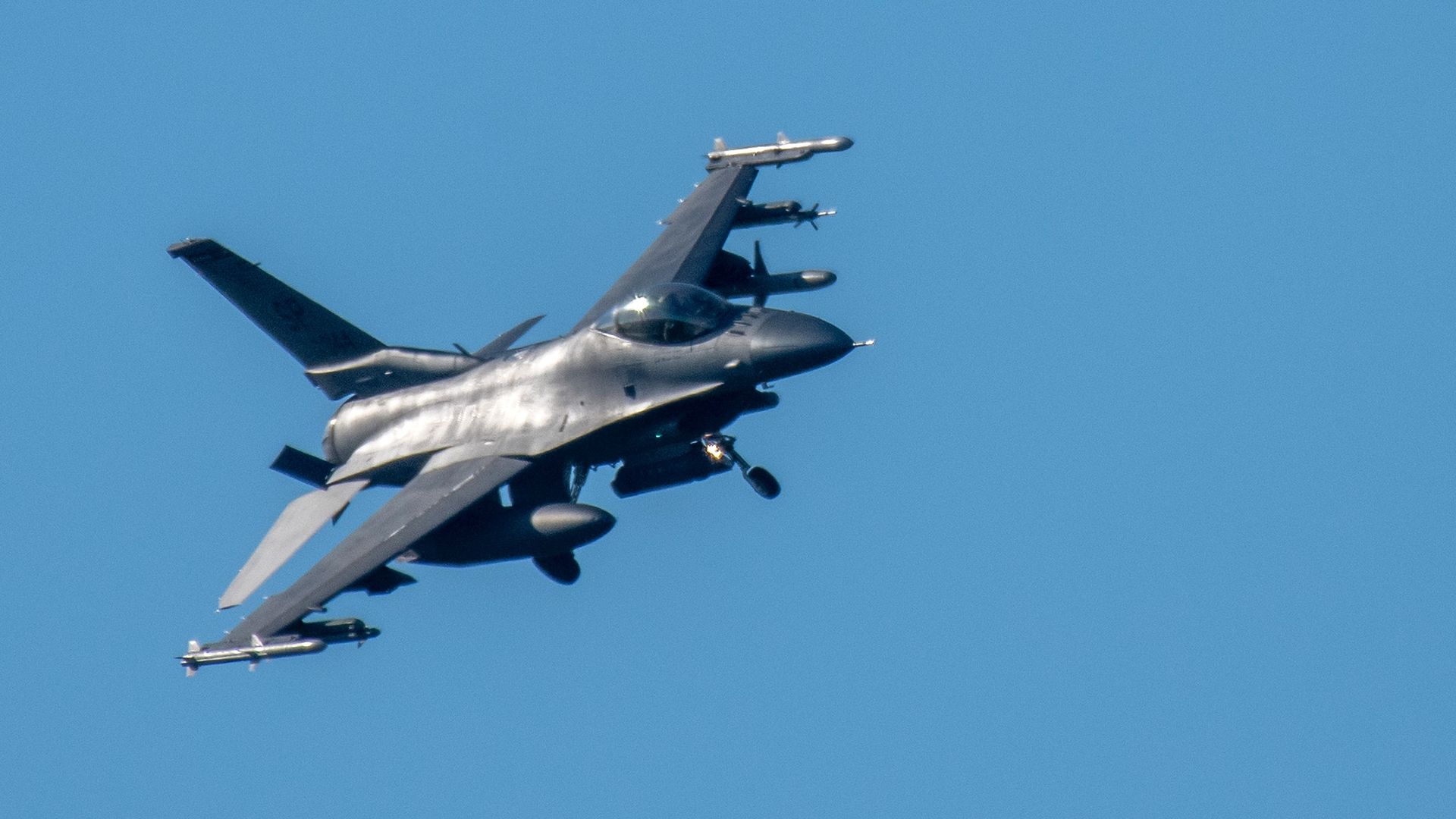 An F-16 jet landing at the U.S. military airfield at Spangdahlem, Germany, in February 2023.