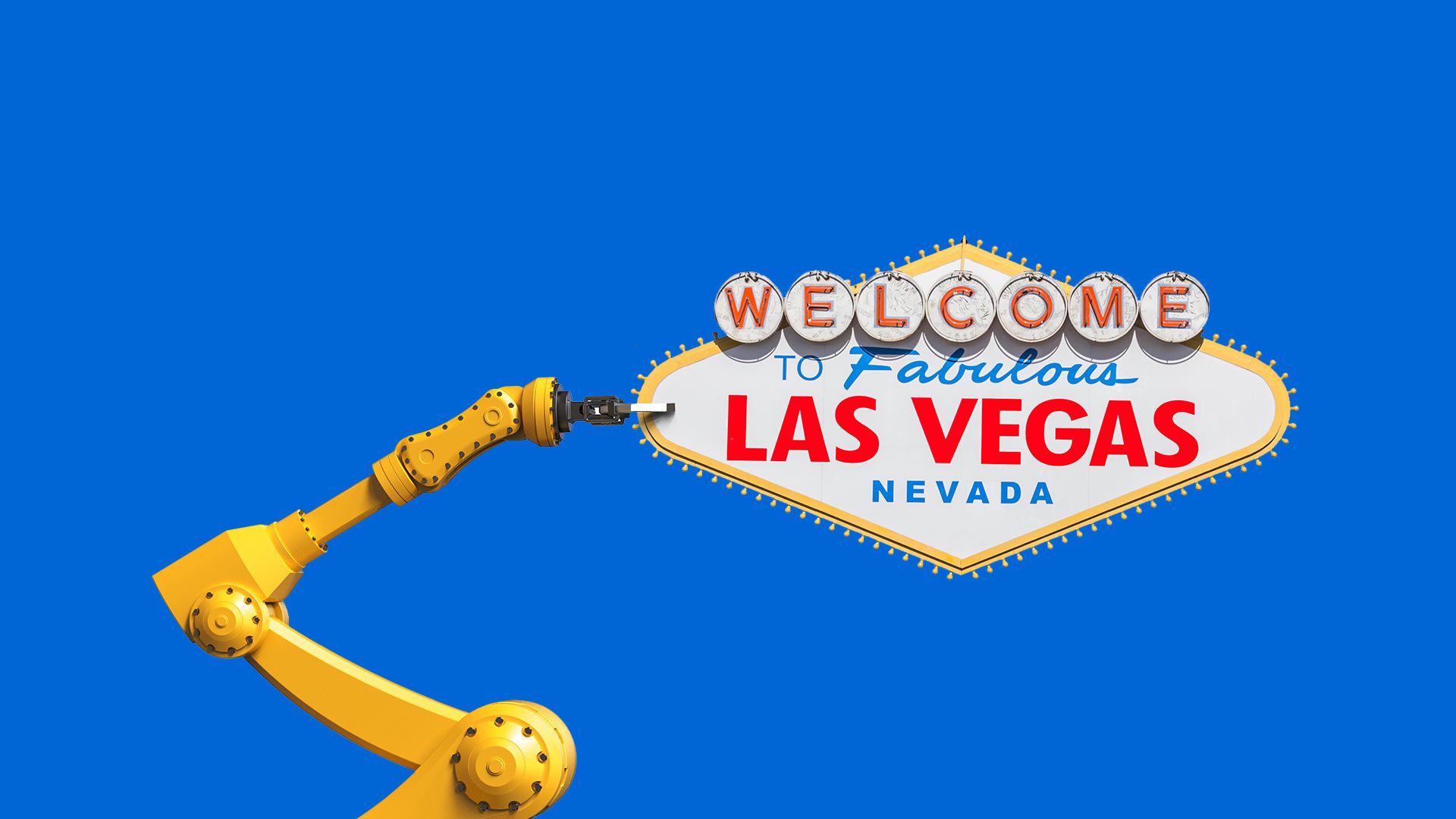 Illustration of a mechanical arm holding up a sign reading "Welcome to fabulous Las Vegas, Nevada"