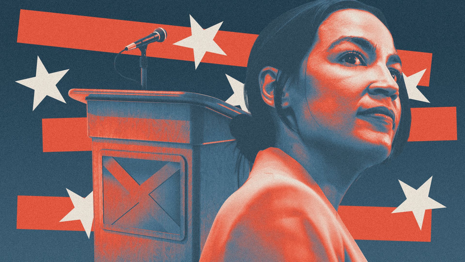 Photo illustration of Rep. Alexandria Ocasio-Cortez next to a podium with an X on it and stars and stripes in the background